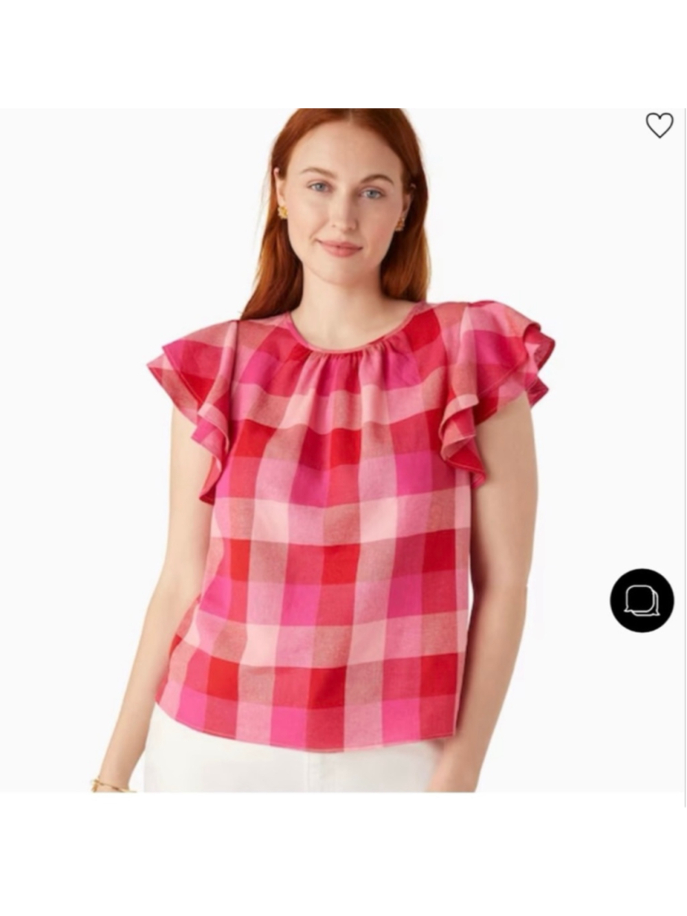 Women's Kate Spade Pink Red Plaid Flutter-Sleeve Blouse L